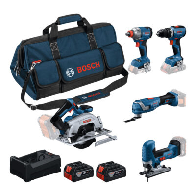 Bosch Kombinasjonssett PRO Sett med 5 stk. 18V-verktøy: GSR 18V-65 + GDX 18V-285 + GKS 18V-57-2 + GOP 18V-34 + GST 18V-125 S + 2x 5.0Ah + GAL 12V-18V-80